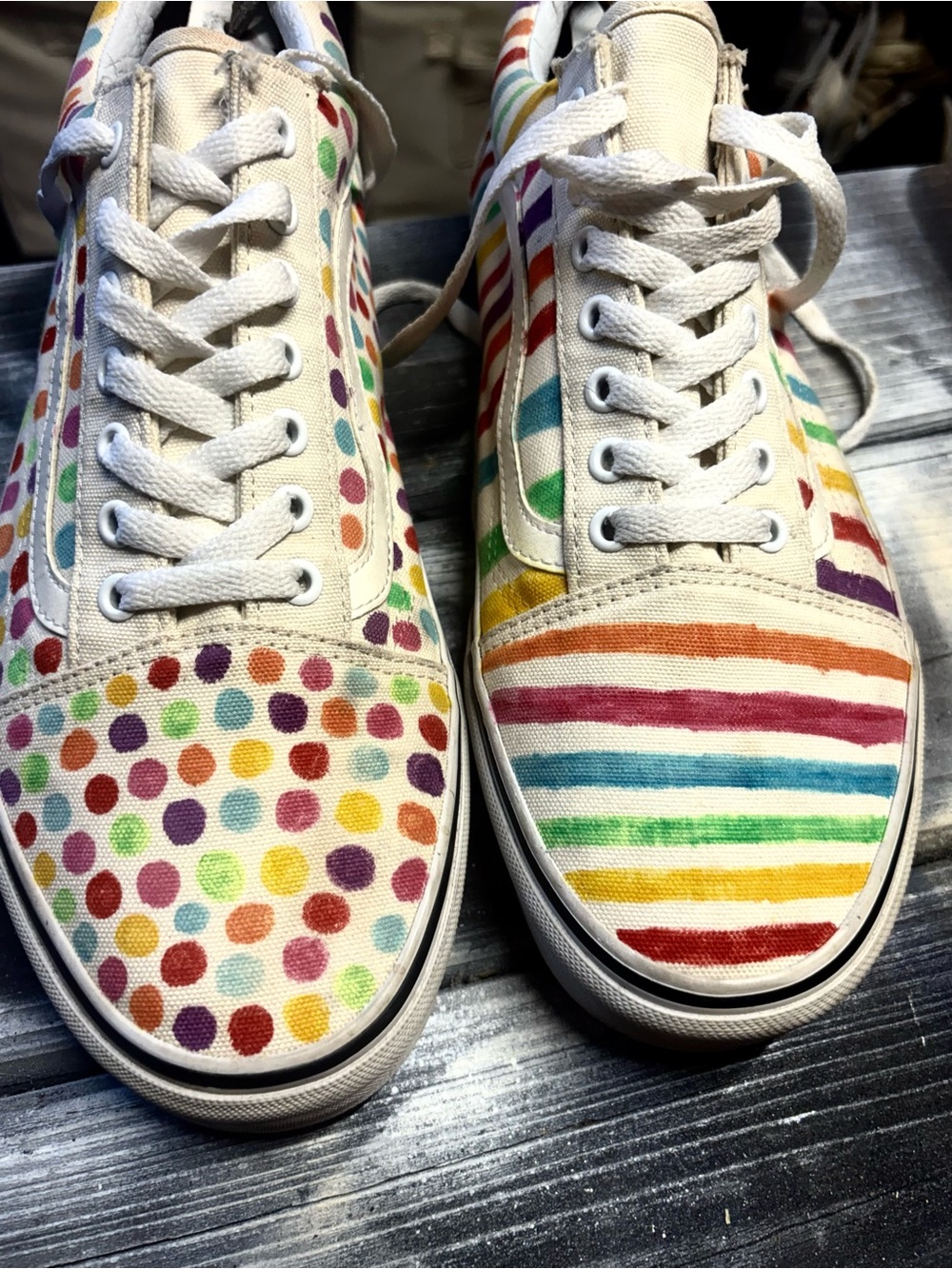 Hand painted Vans Old Skool sneakers with rainbow stripes and polka dots 12